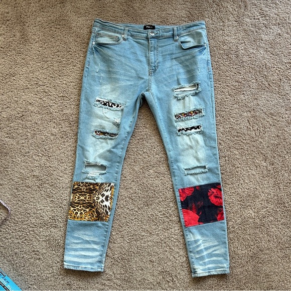 Fashion Nova Men Medium Wash Blue Big Time Patchwork Skinny Jeans Size 38 - Picture 5 of 13